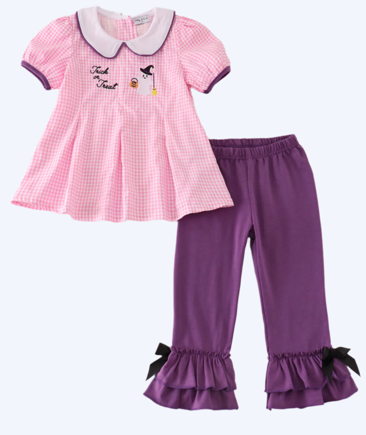 HALLOWEEN - PINK GINGHAM EMBROIDERY GIRL PANTS SET