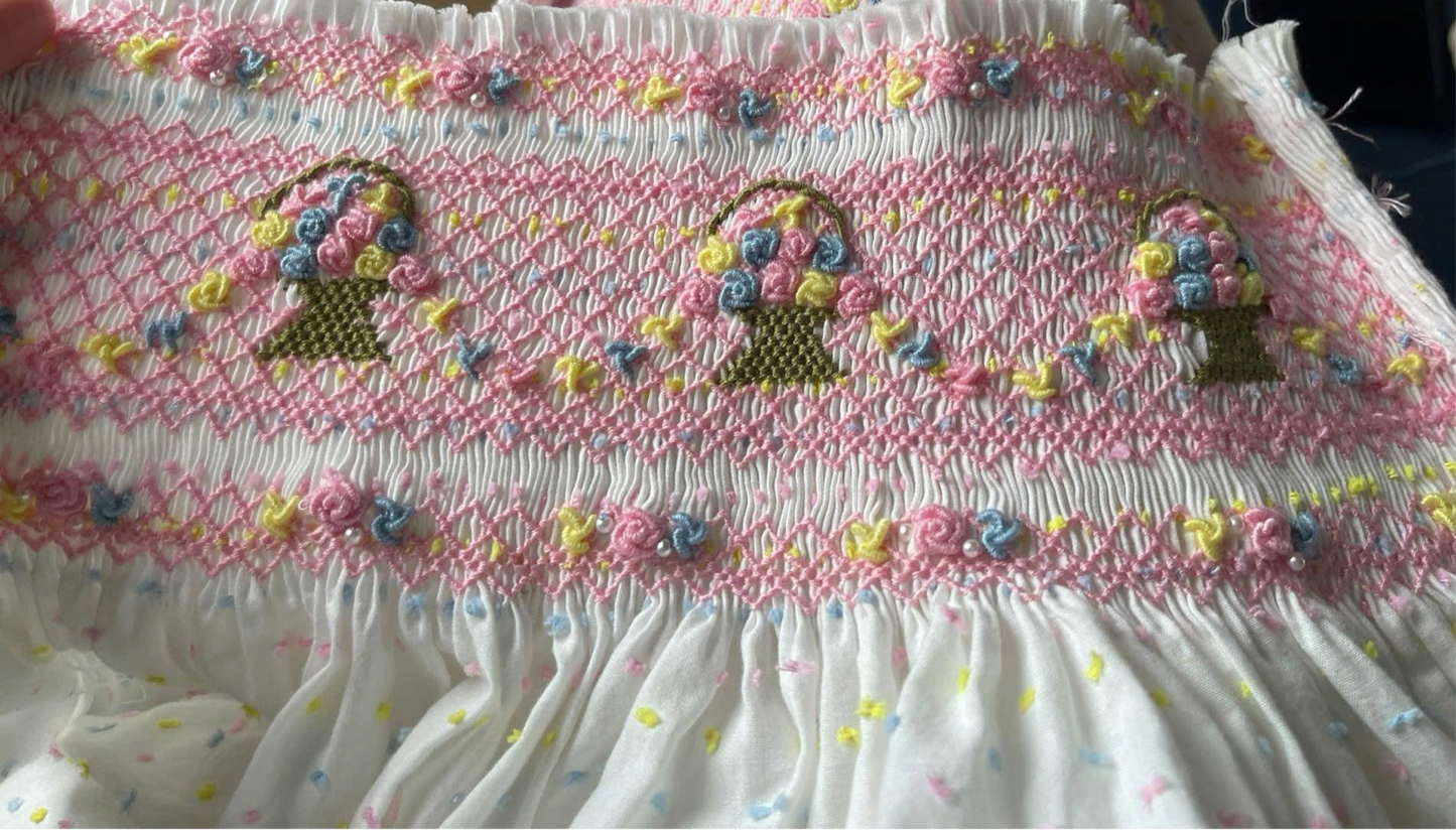 PINK FLOWER BASKET HAND SMOCKED WITH HAND EMBROIDERED DRESS