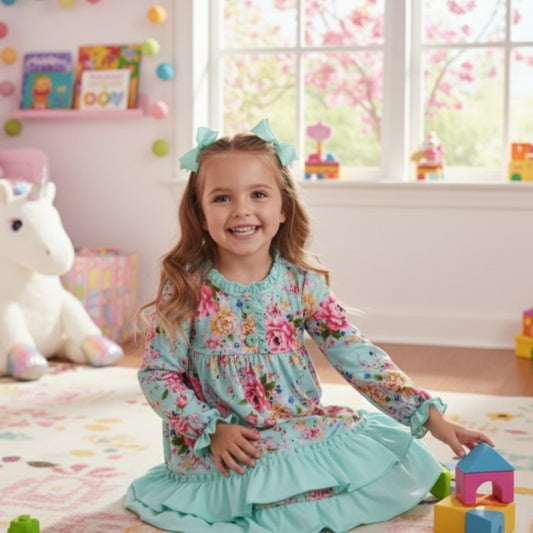 Girls Teal Floral Cotton Nightgown