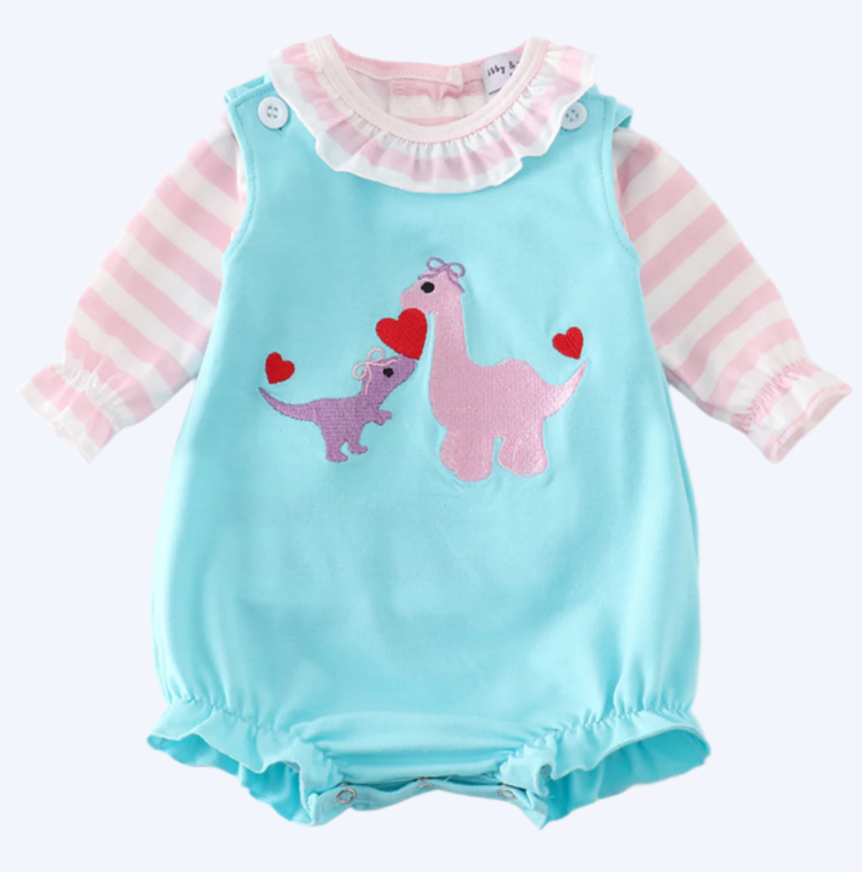 VALENTINE DINOSAUR EMBROIDERY GIRL BUBBLE AND SHIRT SET
