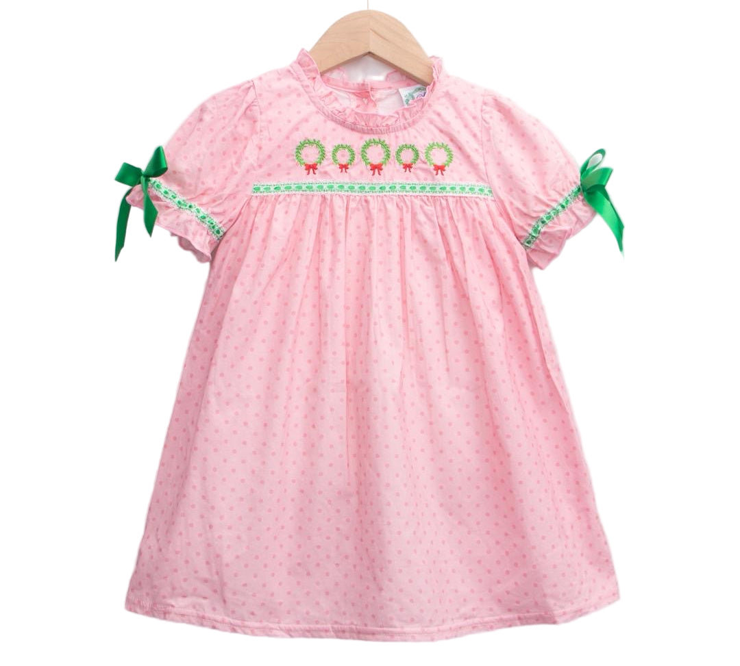 Pink Woven Wreath Dress Embroidered