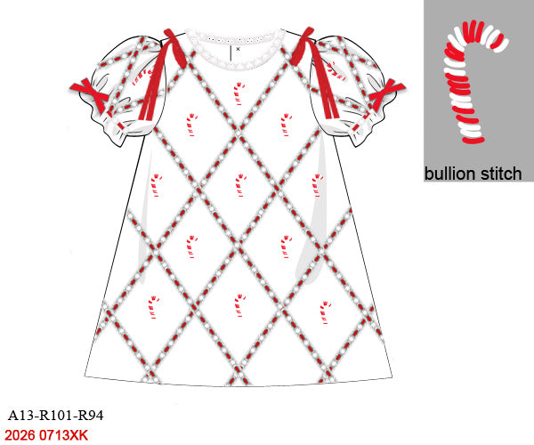 Girls Red & White Candy Cane Geometric Hand Embroidered Bullion Stitch Dress