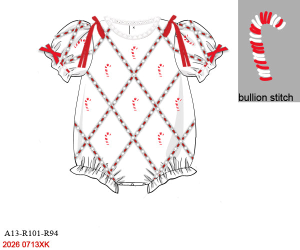 Christmas Baby Girls Red & White Candy Cane Geometric Hand Embroidered Bullion Stitch Bubble Romper