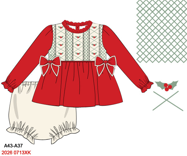 Girls Red Vintage and Green Hand Smocked Christmas Top and Cream Bloomer Set
