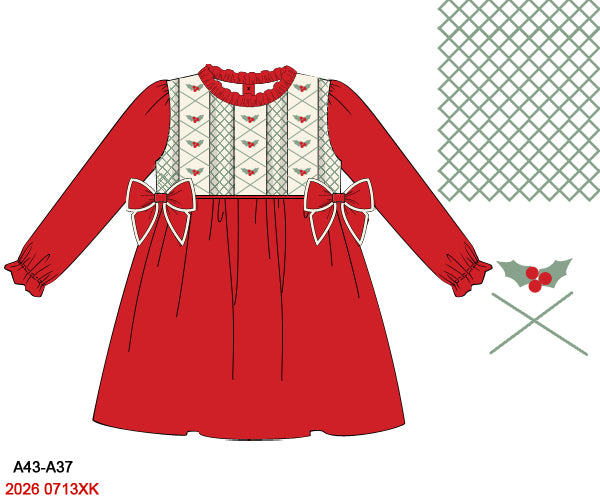 Girls Red Vintage Hand Smocked Christmas Holly Long-Sleeve Dress