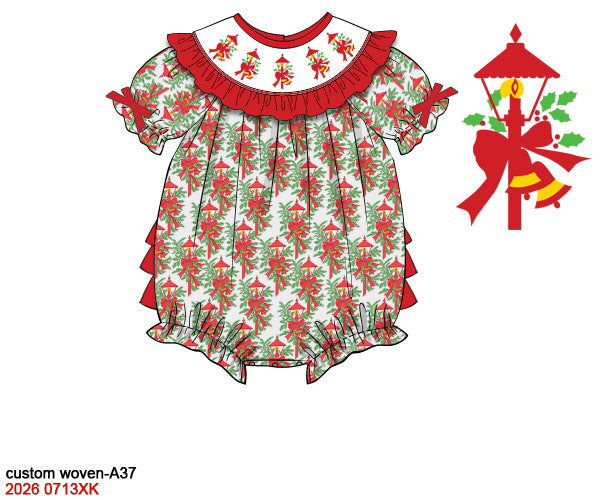 Baby Girls Christmas Hand Smocked Vintage Christmas Lamp Post Bubble Romper