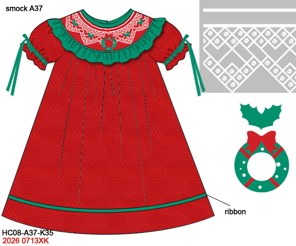 Girls' Christmas Wreath Hand Smocked Dress Honeycomb Fabric