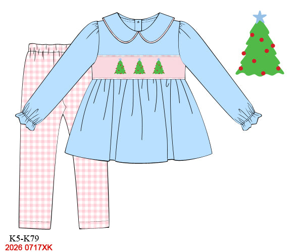 Girls Hand Smocked Christmas Tree Tunic & Pink Gingham Pant Set