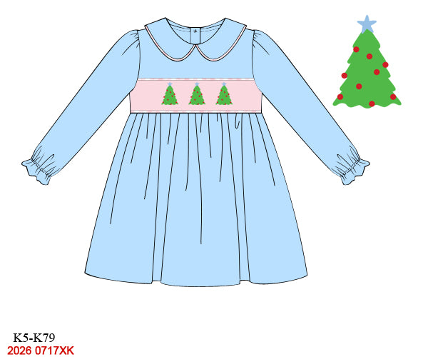 Girls Hand Smocked Christmas Tree Dress in Light Blue