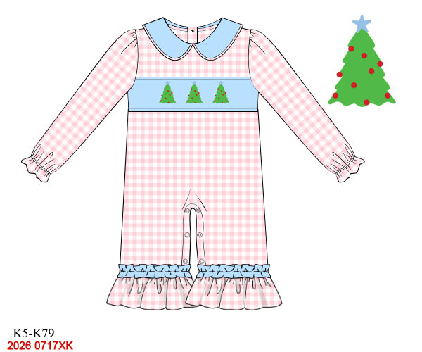 Baby Girl Pink Gingham Hand Smocked Christmas Tree Long-Sleeve Romper