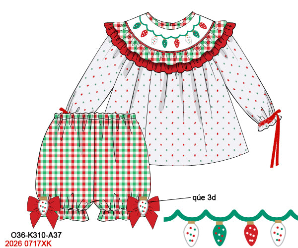 Girls Hand Smocked Swiss Dot Christmas Lights Tunic & Bloomer Set