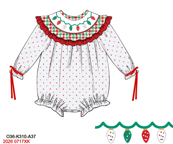 Baby Girls Hand Smocked Swiss Dot Christmas Lights Bubble Romper