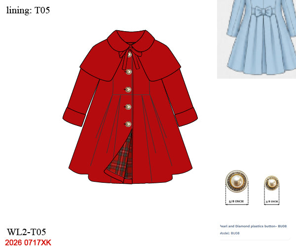 Christmas Girls Classic Red Capelet Dress Coat with Tartan Plaid Lining