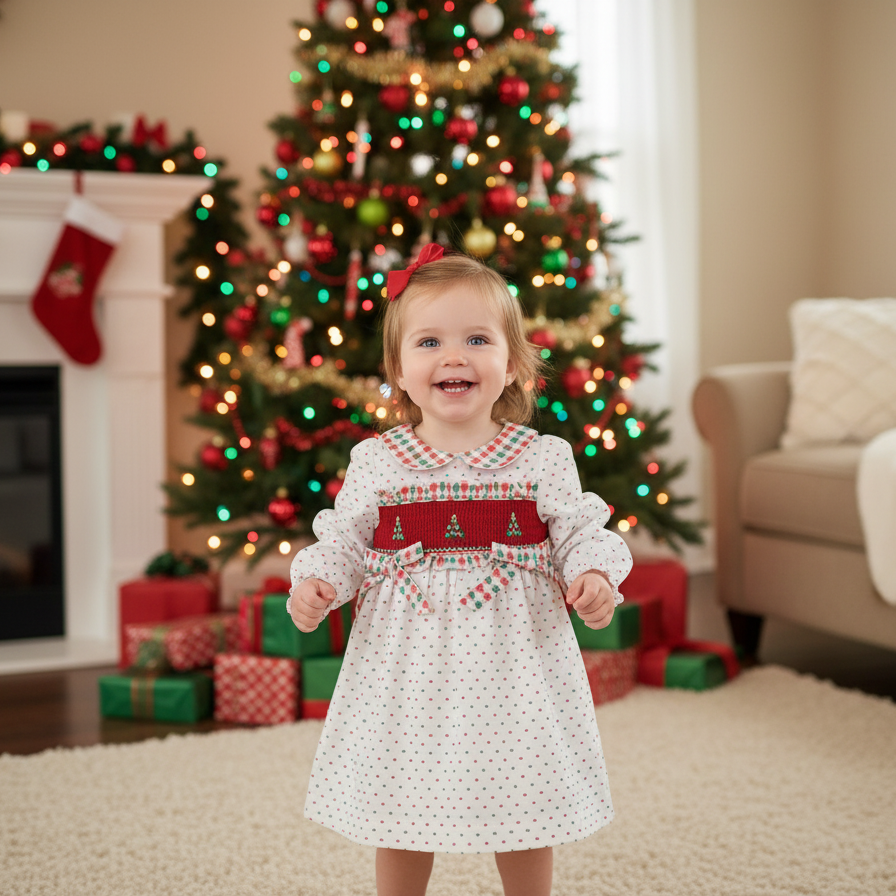 GIRLS HAND SMOCKED SWISS DOT CHRISTMAS TREE DRESS
