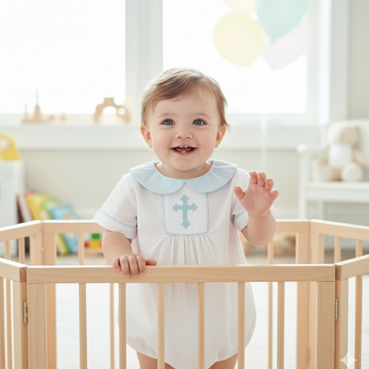 SUNDAY BEST - HAND SMOCKED HAND EMBROIDERED BOYS BLUE CROSS BUBBLE