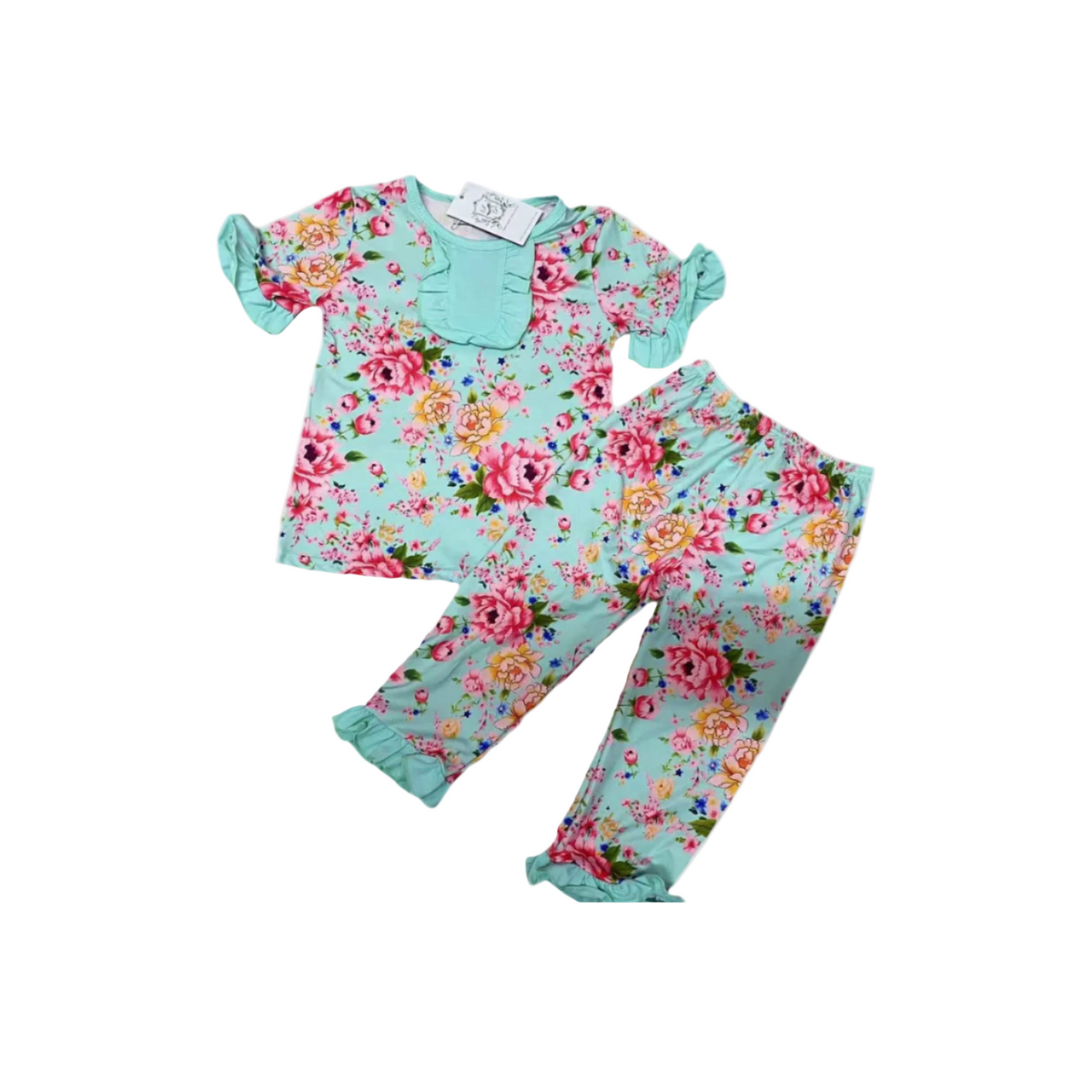 Girls Vintage Floral Ruffle Lounge Set - Mint Green Knit