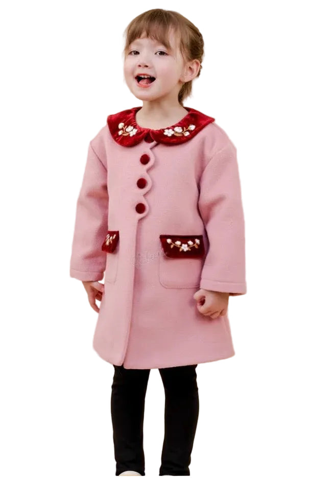 Classic Girls' Pink Wool Double-Breasted Cape Coat with Pearl Buttons
