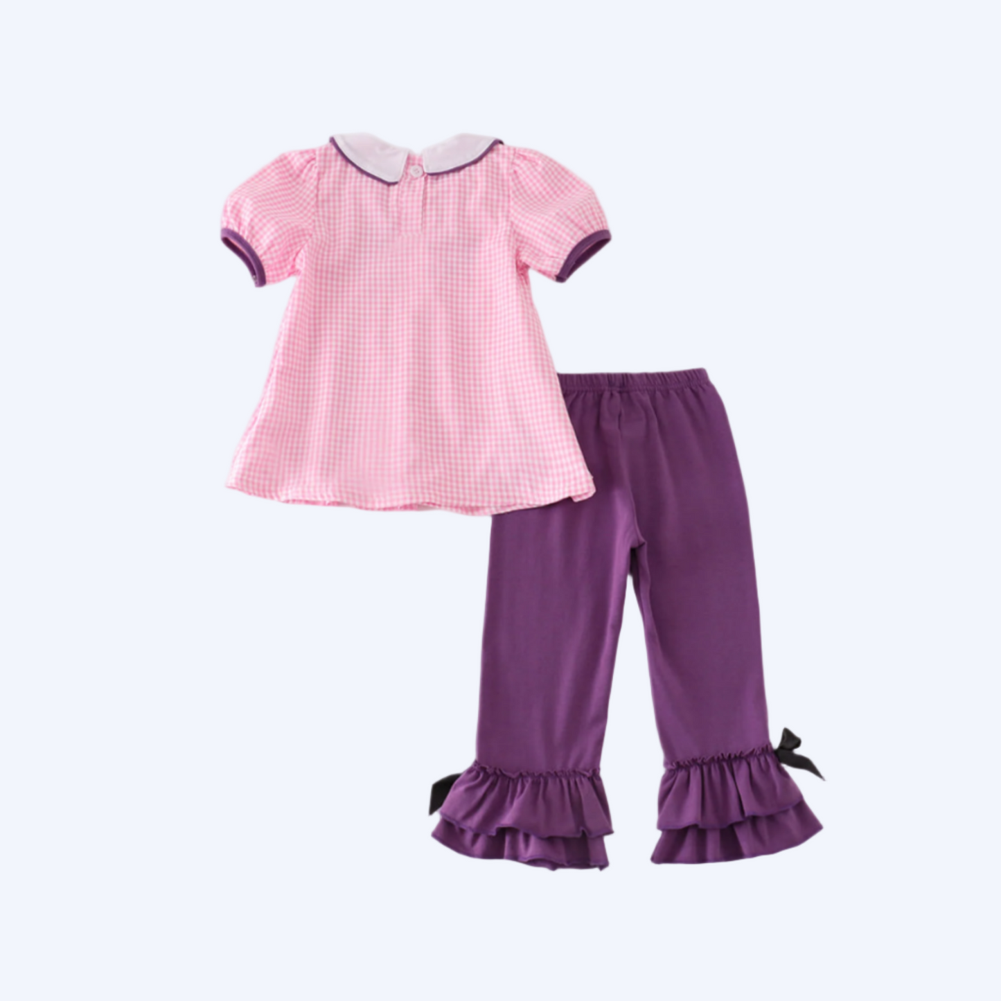 HALLOWEEN - PINK GINGHAM EMBROIDERY GIRL PANTS SET