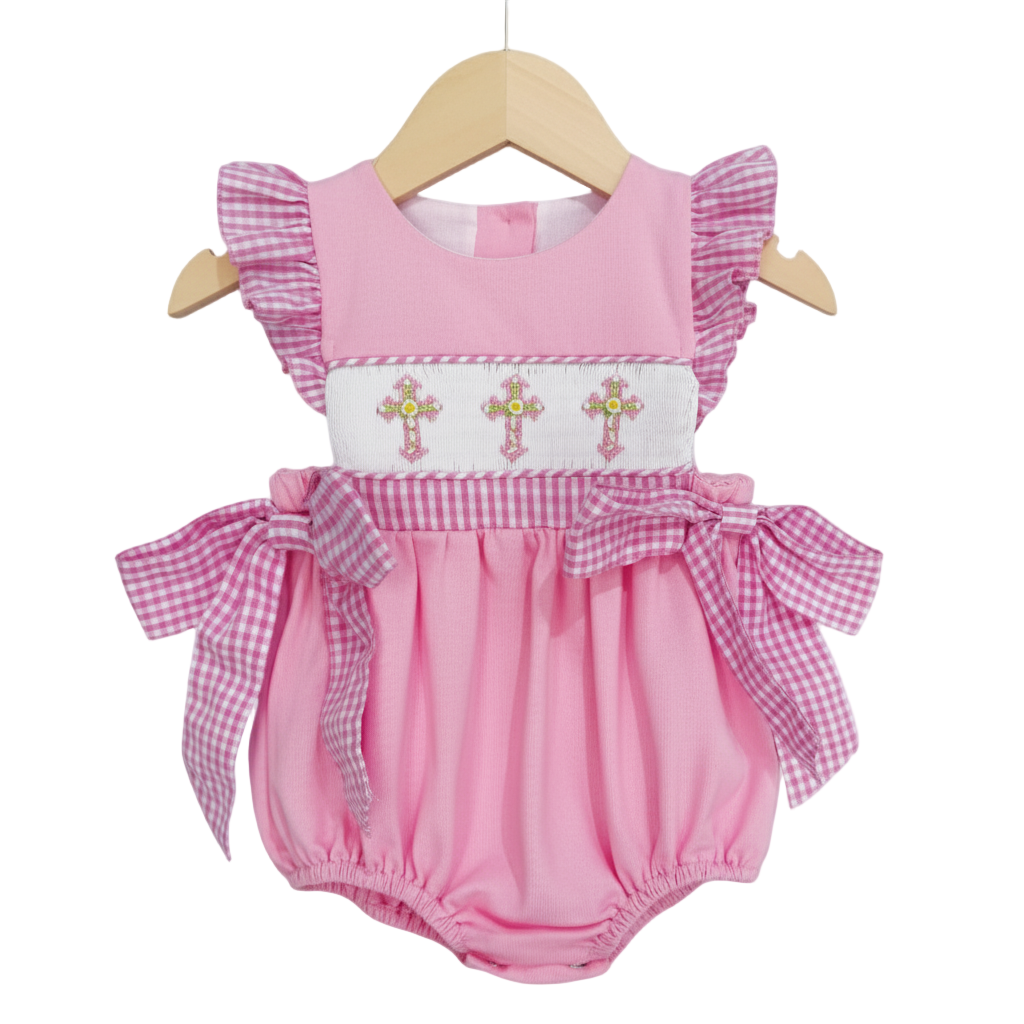 HAND SMOCKED PINK CROSSES ANGEL SLEEVES