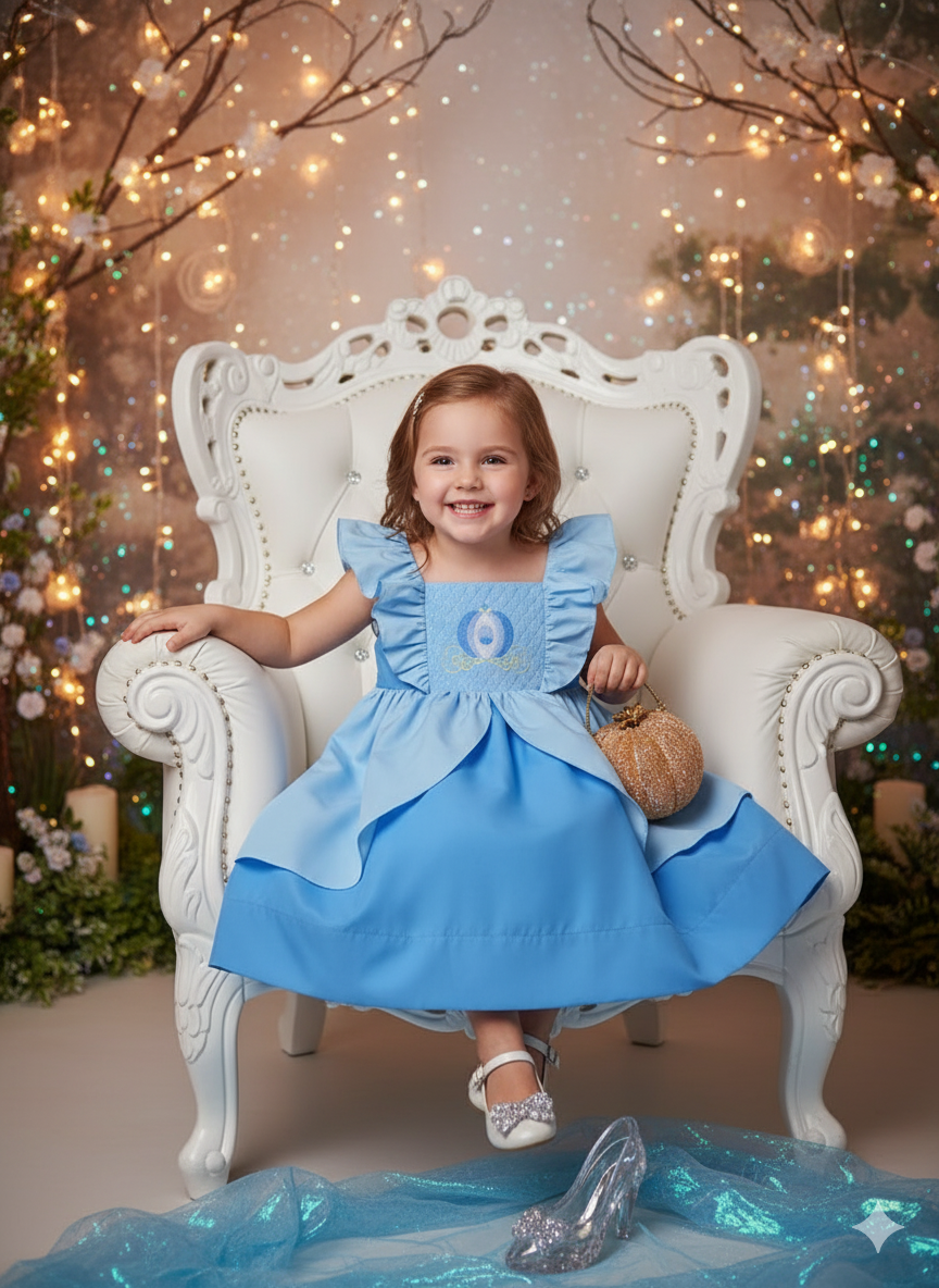 CINDERELLA SMOCKED BLUE PRINCESS CARRAIGE DRESS – A DREAM COME TRUE