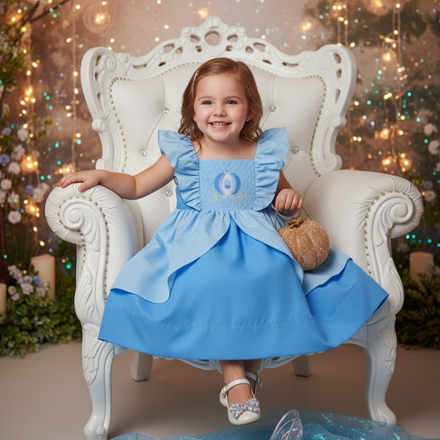 CINDERELLA SMOCKED BLUE PRINCESS CARRAIGE DRESS – A DREAM COME TRUE