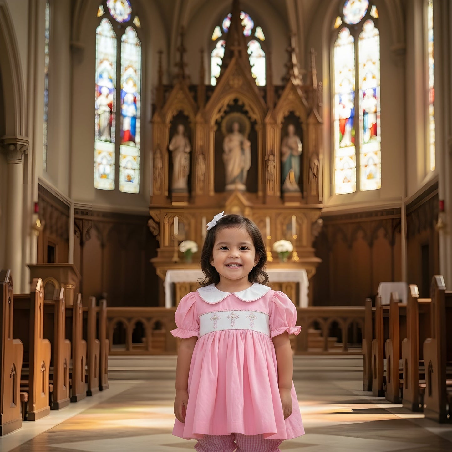PINK CROSSES HAND SMOCKED DIAPER SET 2 PC