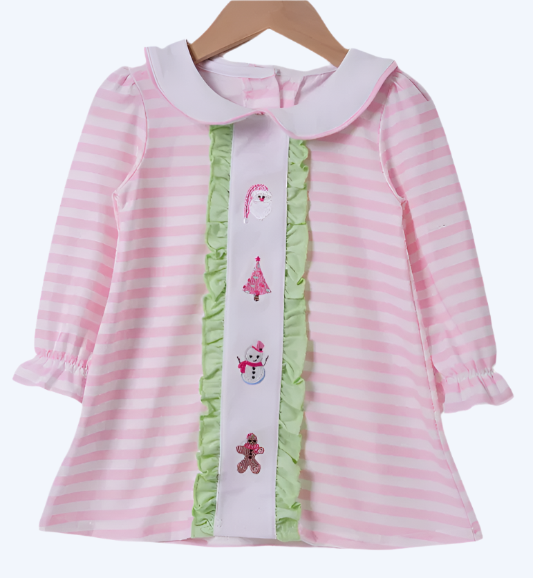 CHRISTMAS PINK - STRIPED EMBROIDERED COLLECTION - GIRLS DRESS
