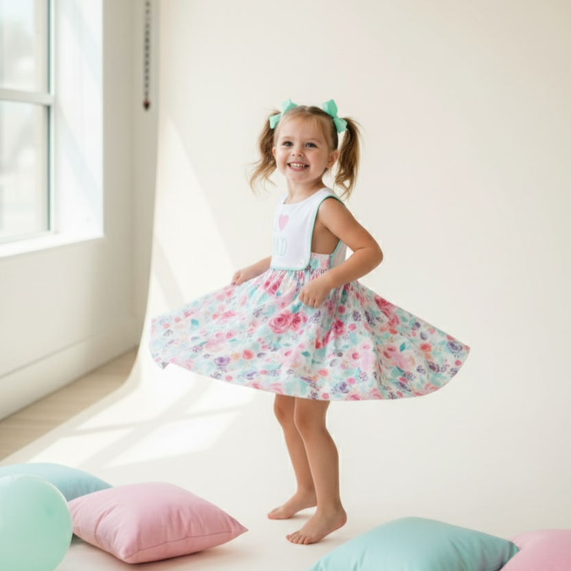 I LOVE DAD - FATHER’S DAY GIRLS FLORAL DRESS - EMBROIDERED