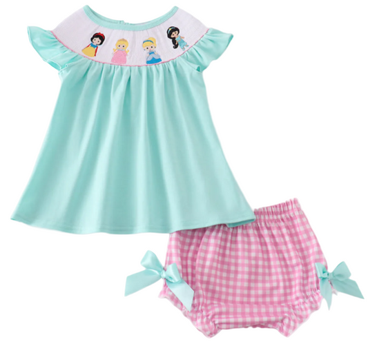 Magical - Mint Princess Embroidery Gingham Bloomer Set