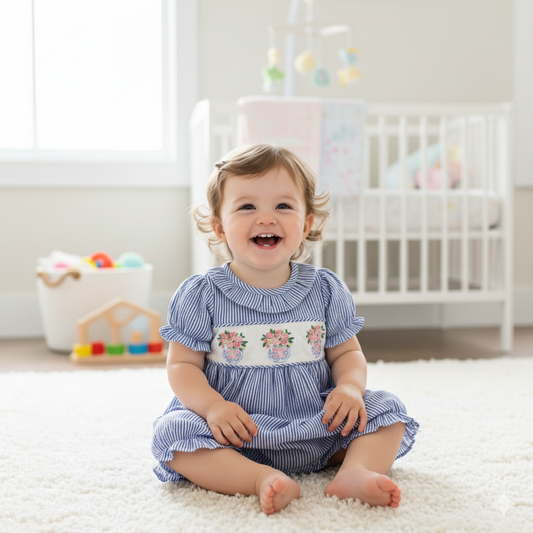 Spring Floral Vase Chinoiserie Bow Embroidered Seersucker Bubble