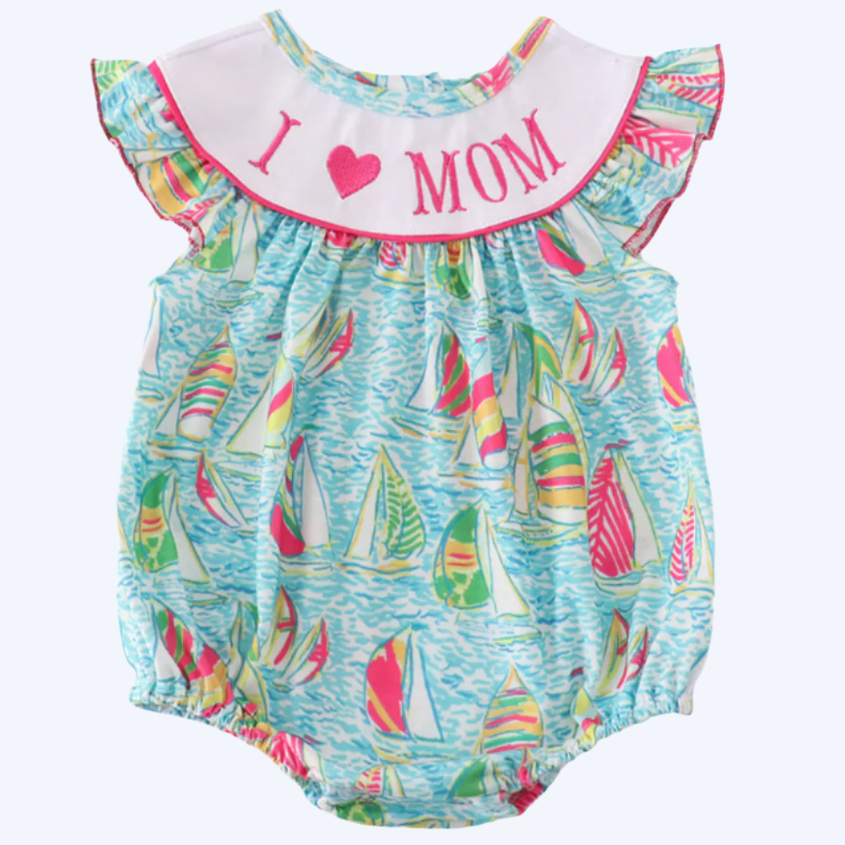 GREEN SAILBOAT LOVE I LOVE MOM EMBROIDERY GIRL BUBBLE