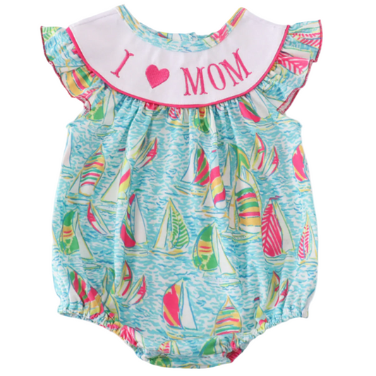 Green Sailboat Love I Love Mom Embroidery Girl Bubble