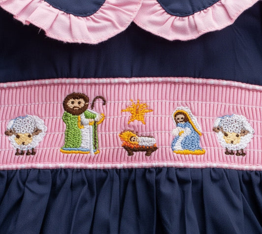 Baby Girls Smocked Navy Nativity Christmas Diaper Set With Peter Pan Collar Machine Smocked