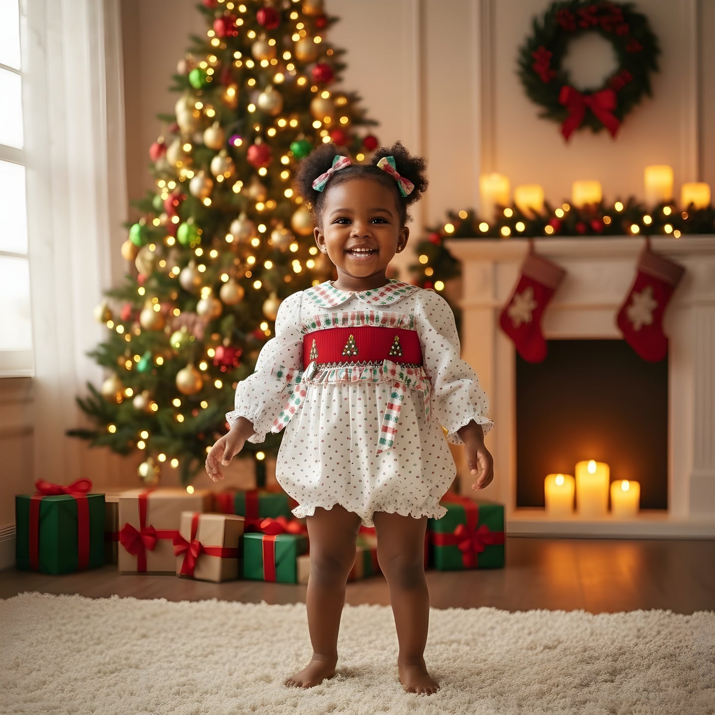 GIRLS HAND SMOCKED SWISS DOT CHRISTMAS TREE BUBBLE