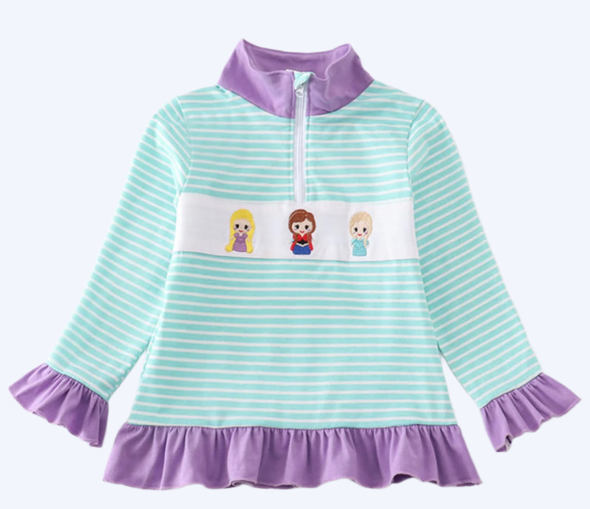 MAGICAL GREEN STRIPE PRINCESS EMBROIDERY GIRL PULLOVER