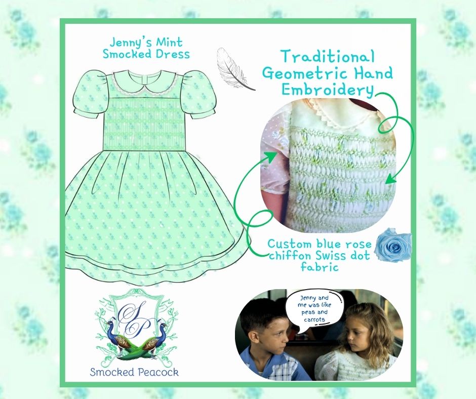 JENNY’S MINT CHIFFON SWISS DOT ROSE HAND SMOCKED DRESS