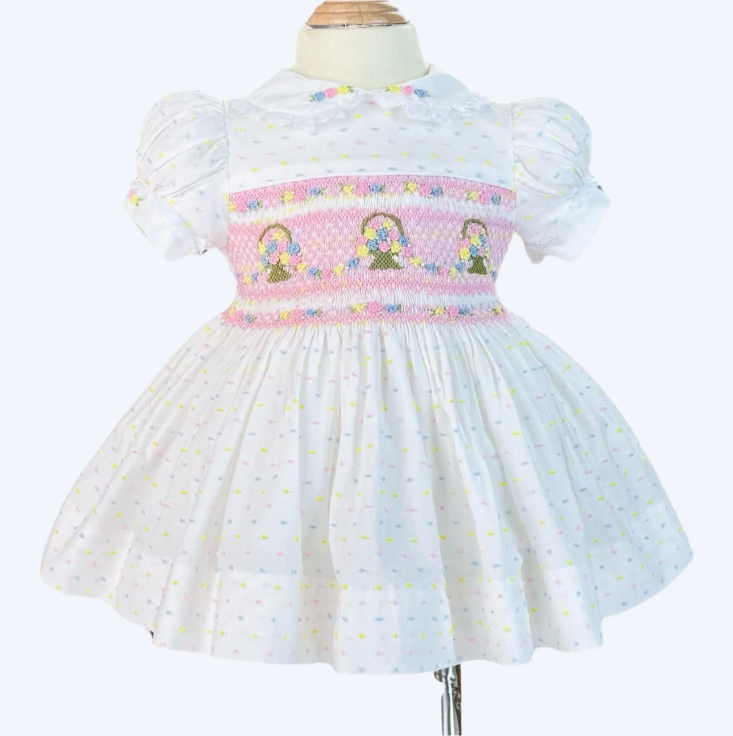 PINK FLOWER BASKET HAND SMOCKED WITH HAND EMBROIDERED DRESS