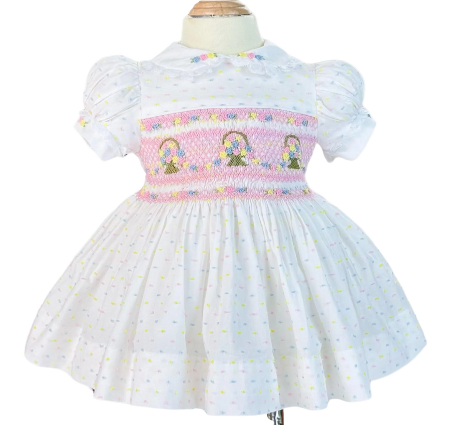 PINK FLOWER BASKET HAND SMOCKED WITH HAND EMBROIDERED DRESS