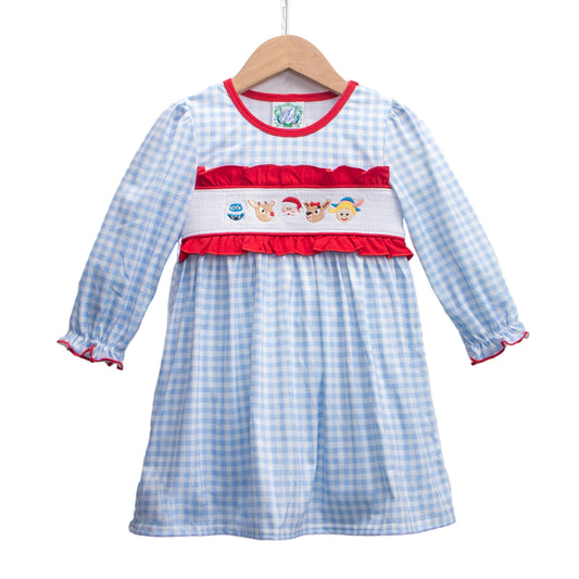 Smocked Baby Girls Smocked Blue Gingham Rudolph, Elf, Snowman Christmas Dress With Red Bows And Character