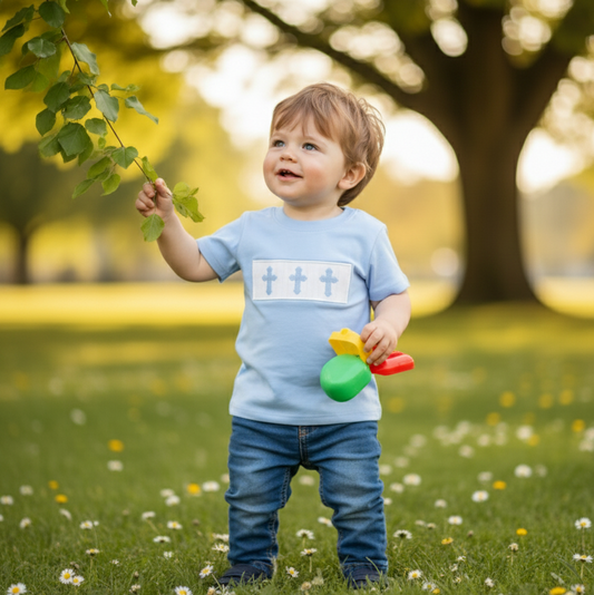 SUNDAY BEST - BLUE BOYS HAND SMOCKED SHIRT WITH BLUE EASTER CROSS