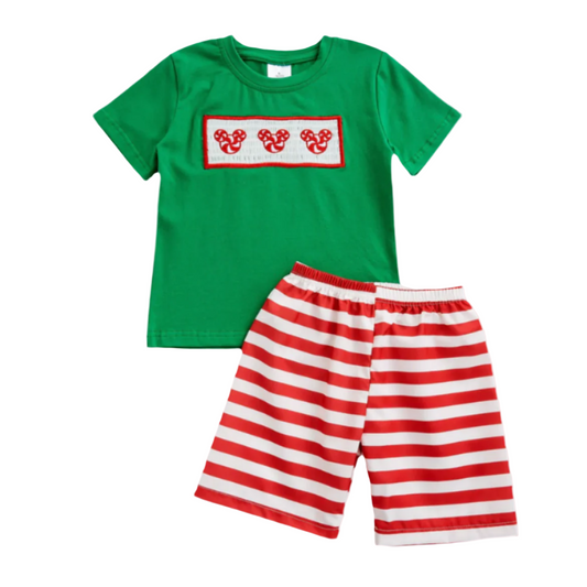 Smocked Christmas Candy Cane Embroidered Short Set Boys