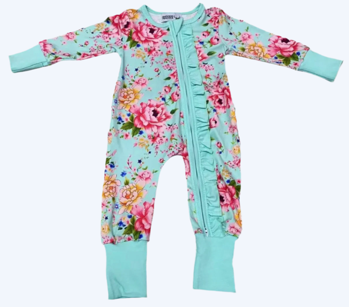 TEAL FLORAL RUFFLE BUTT SLEEPER WITH HAND AND FOOTIE COVERS