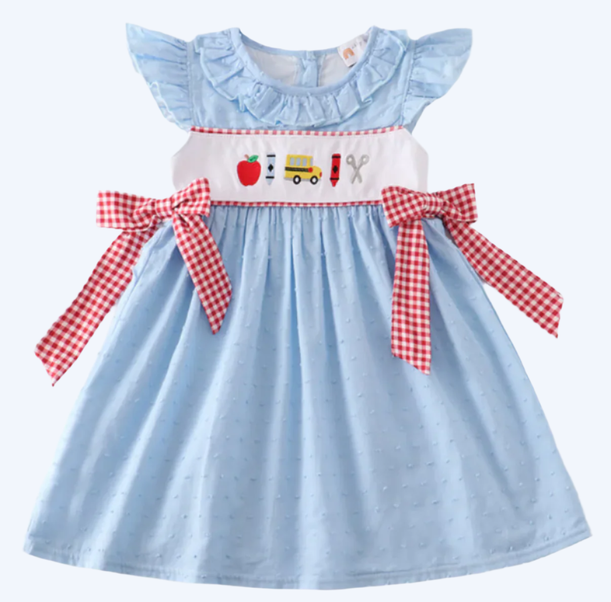 BACK TO SCHOOL SWISS DOT DRESS - EMBROIDERED