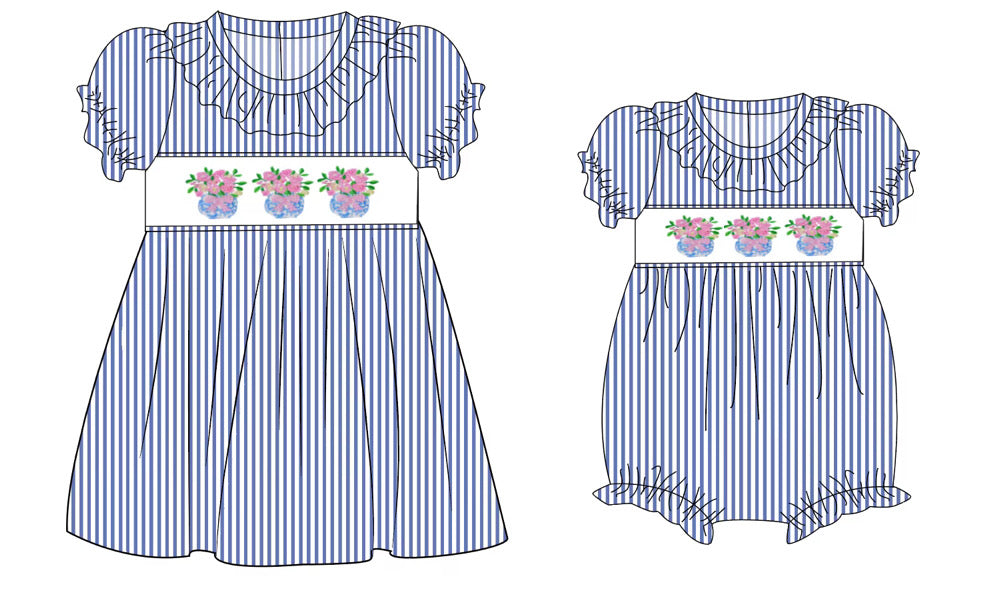 ETA July - Spring floral vase chinoiserie bow embroidered seersucker collection- dress