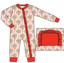 Children's onesie mockup with red and white pattern and matching hat on a plain background