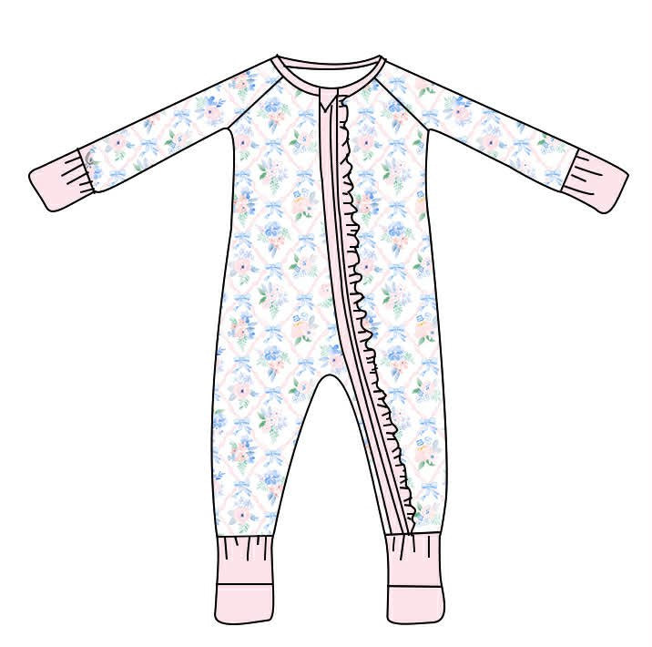Pastel Trellis Floral Ruffle Zippy Sleeper