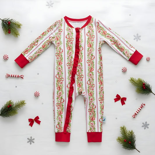 Girls Peppermint Bow Grandmillennial Traditional Christmas Bamboo Zippy