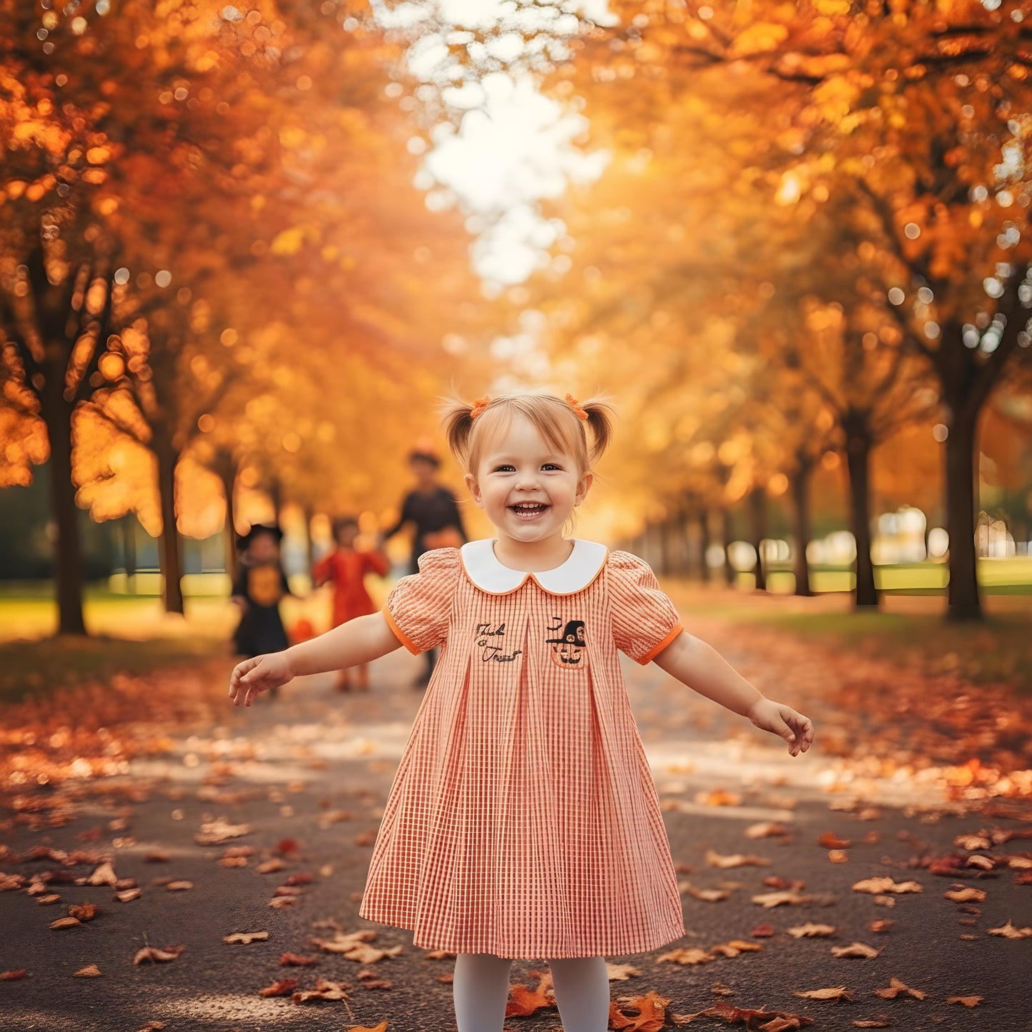 HALLOWEEN ORANGE GINGHAM EMBROIDERY DRESS