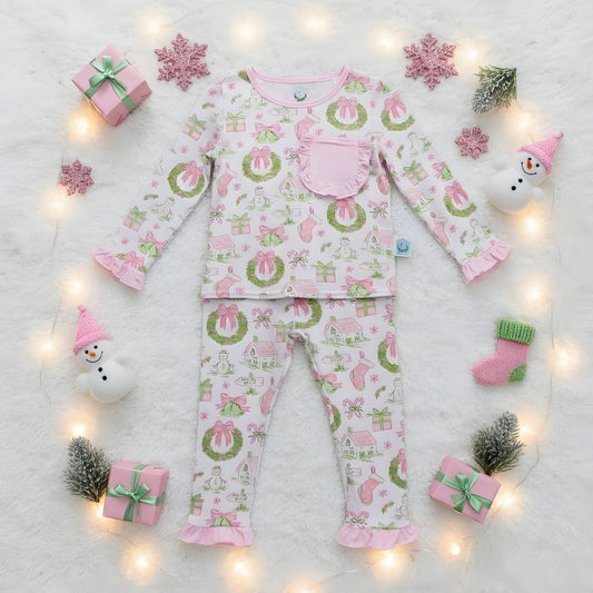 Girls Pastel Watercolor Grandmillennial Christmas Bamboo Long Sleeve Pajama Set