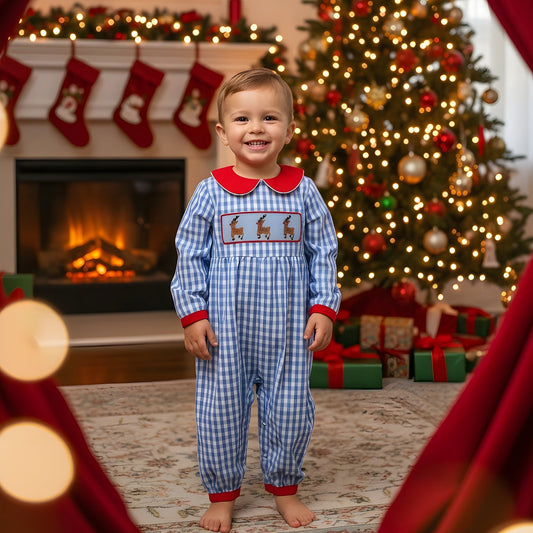 Boys Hand Smocked Reindeer Gingham Romper